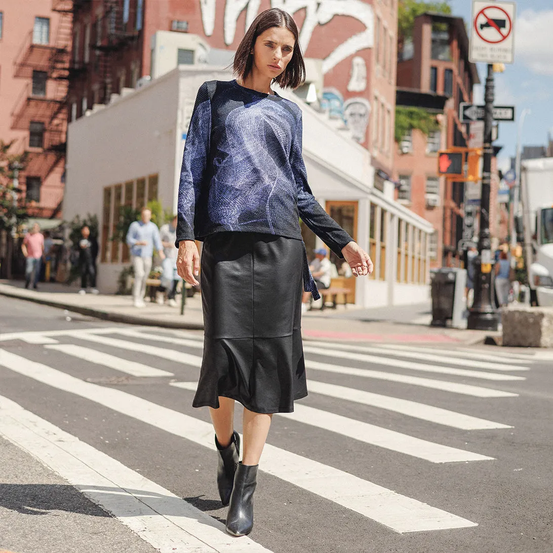 Elegant Black Liquid Leather Midi Skirt with Flounce Detail