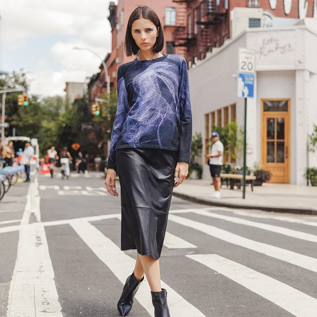 Elegant Black Liquid Leather Midi Skirt with Flounce Detail