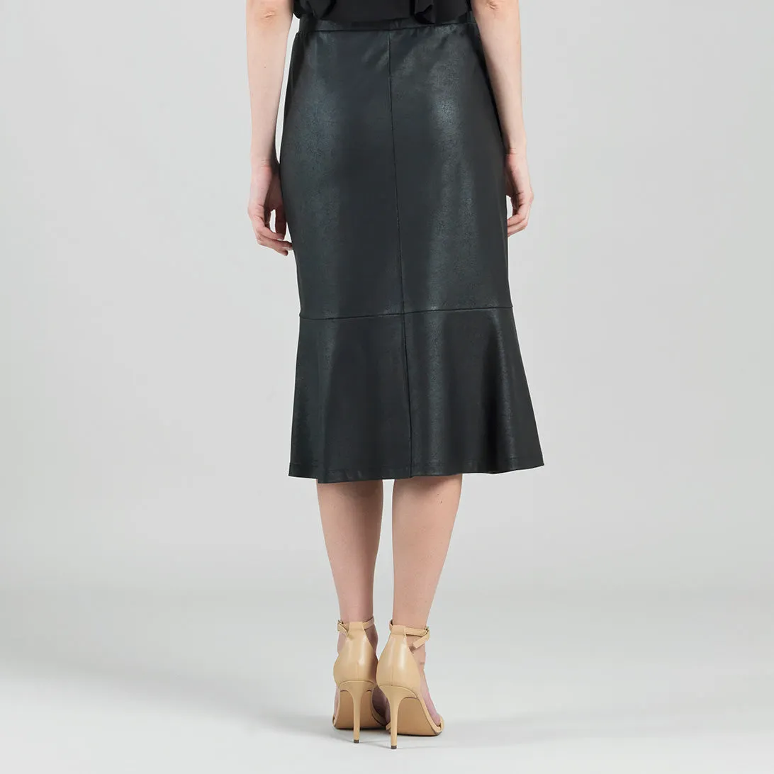 Elegant Black Liquid Leather Midi Skirt with Flounce Detail