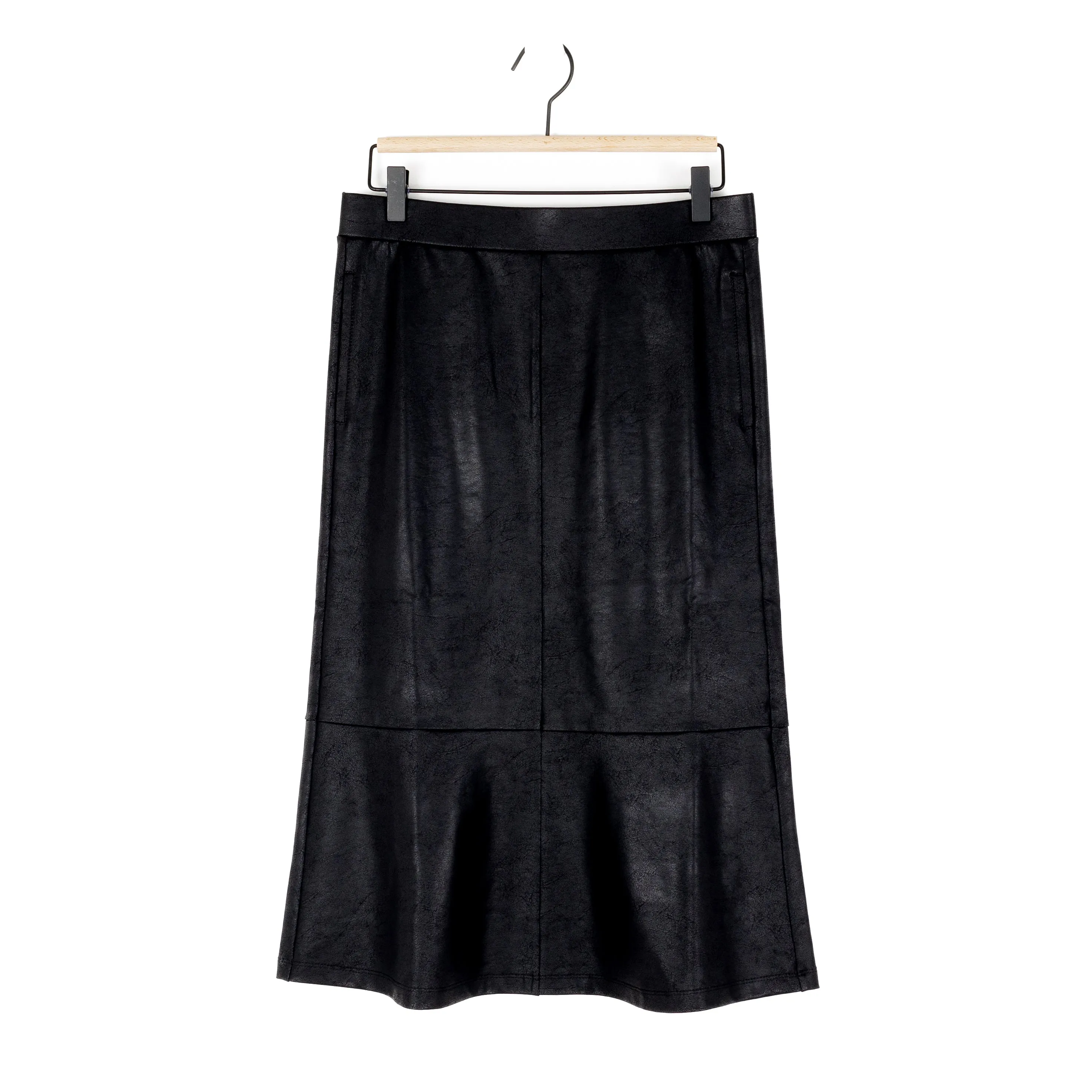 Elegant Black Liquid Leather Midi Skirt with Flounce Detail