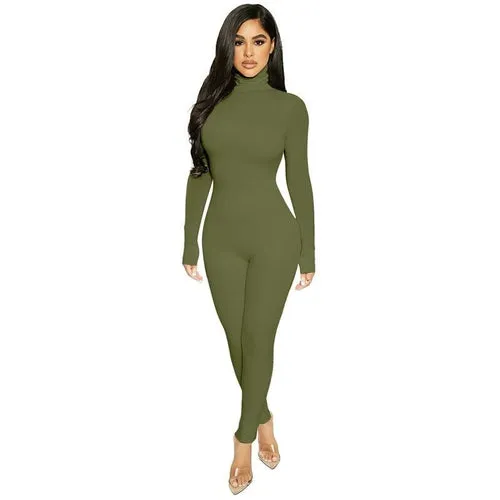 Long Sleeve Solid Turtleneck Skinny Bodycon Jumpsuit Autumn Winter