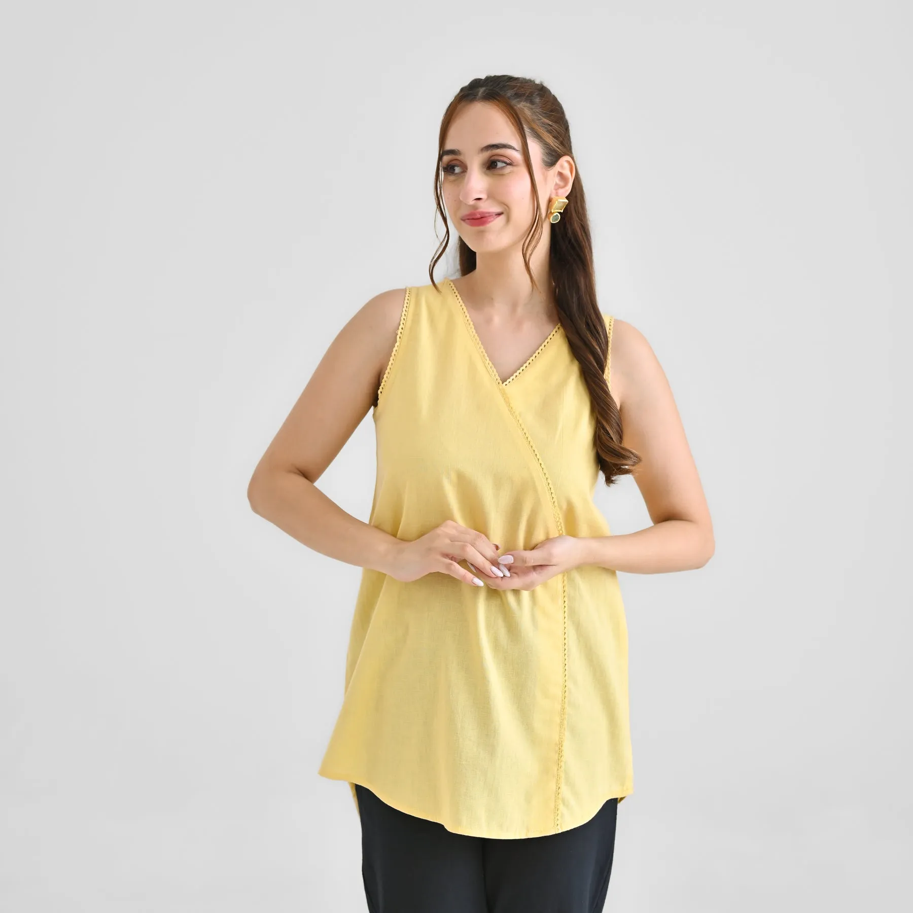 Mango Yellow Linen Cotton Sleeveless Tunic with Lace Detail