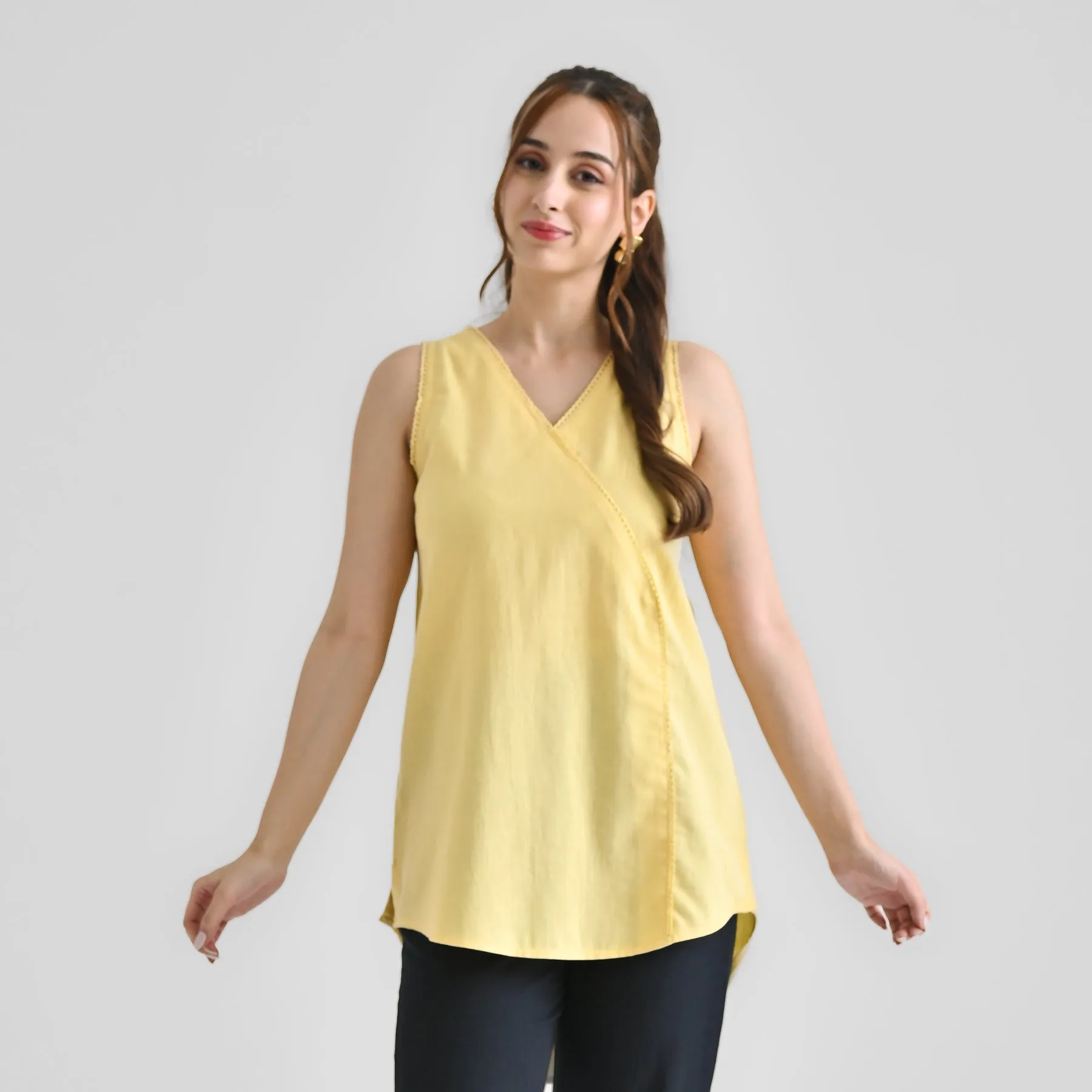 Mango Yellow Linen Cotton Sleeveless Tunic with Lace Detail