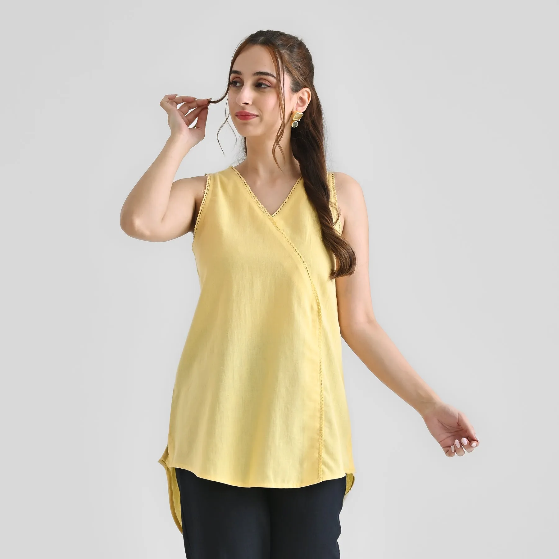 Mango Yellow Linen Cotton Sleeveless Tunic with Lace Detail