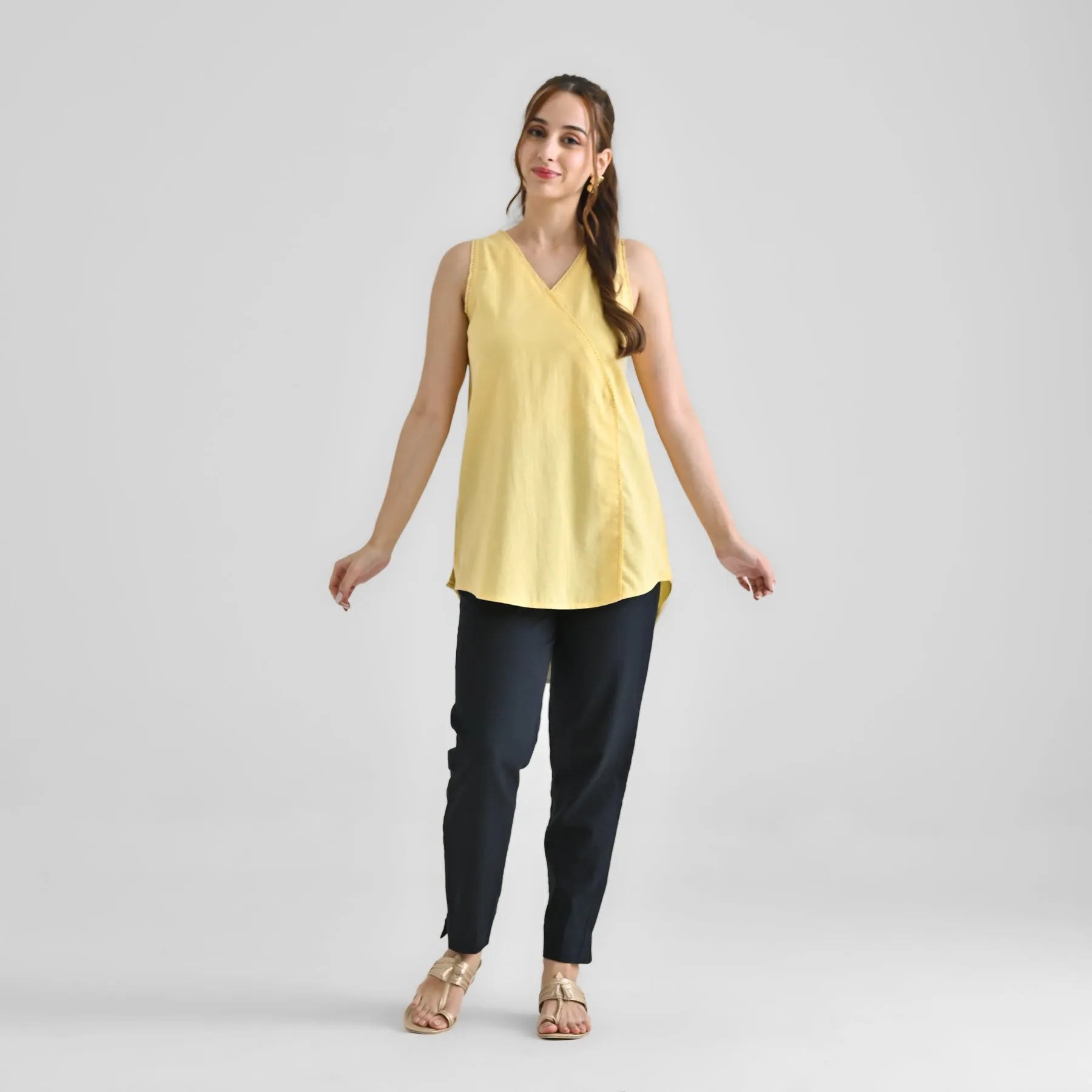 Mango Yellow Linen Cotton Sleeveless Tunic with Lace Detail