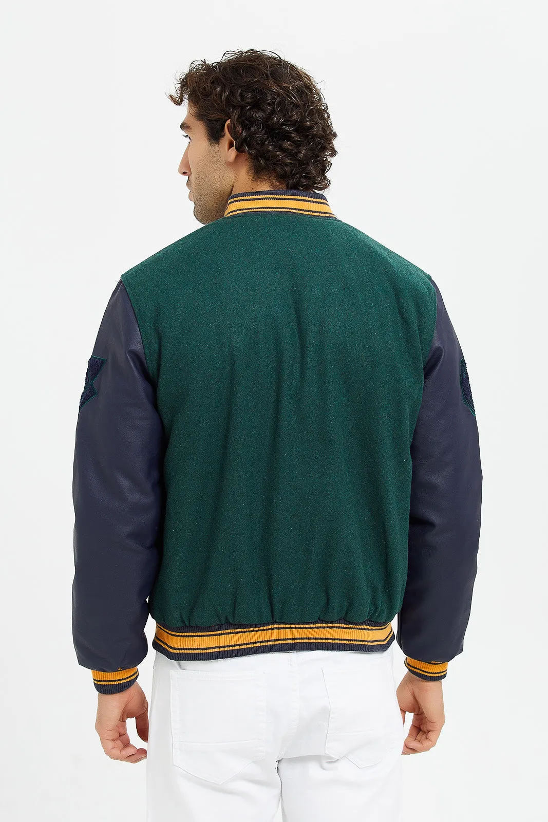 Men Green Baseball Bomber Jacket