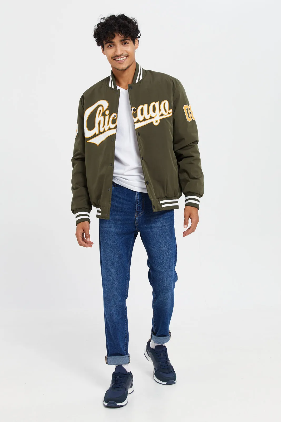 Men Olive Printed Baseball Bomber Jacket