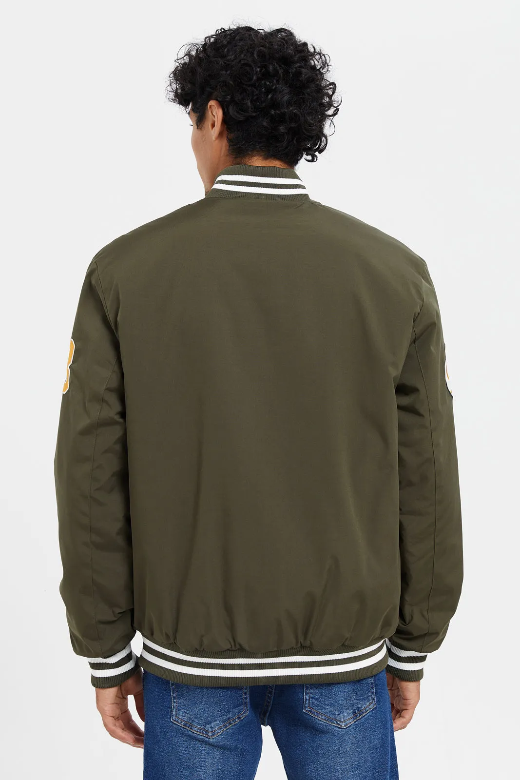 Men Olive Printed Baseball Bomber Jacket