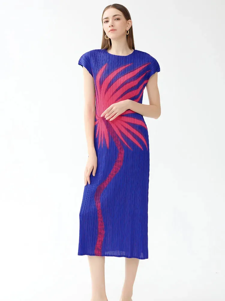 Miyake Pleated Printed Dolman Sleeve Midi Dress