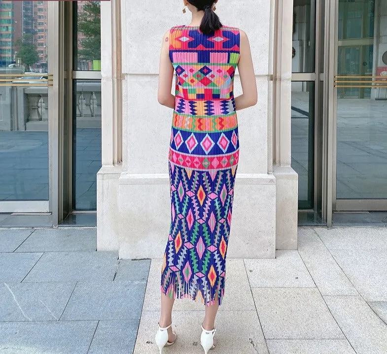 Miyake Pleated Printed Sleeveless Midi Dress