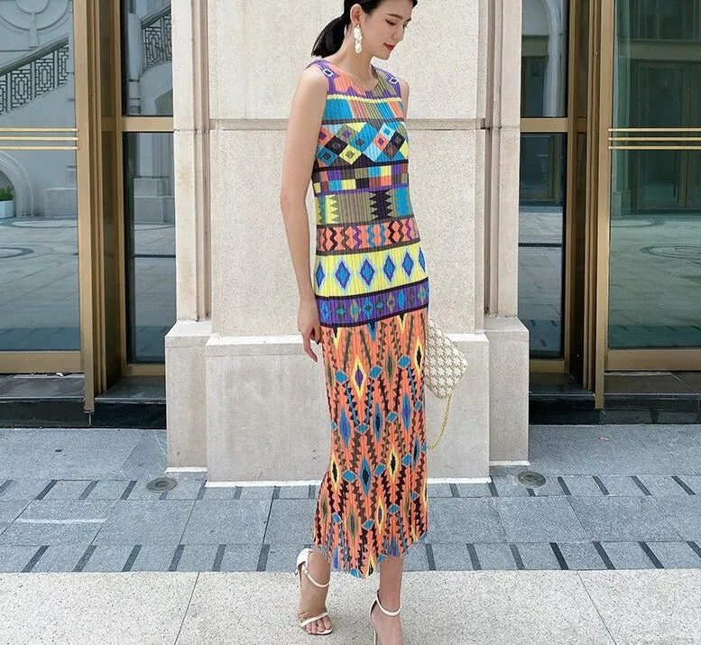 Miyake Pleated Printed Sleeveless Midi Dress