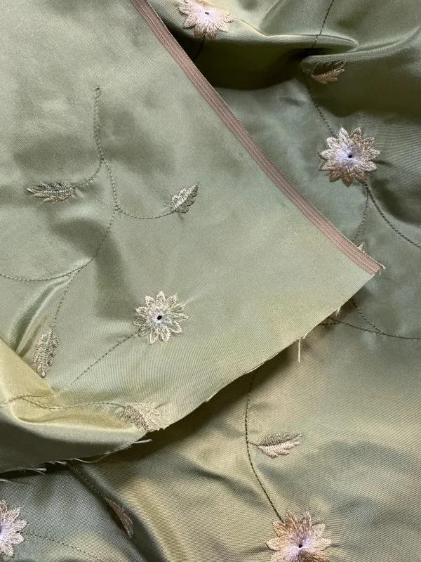 NEW Lady Eva 100% Silk Taffeta with Embroidered Floral Motif Fabric in Dusty Pistachio Green