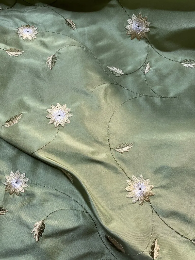 NEW Lady Eva 100% Silk Taffeta with Embroidered Floral Motif Fabric in Dusty Pistachio Green