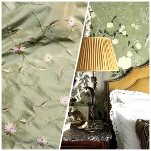 NEW Lady Eva 100% Silk Taffeta with Embroidered Floral Motif Fabric in Dusty Pistachio Green