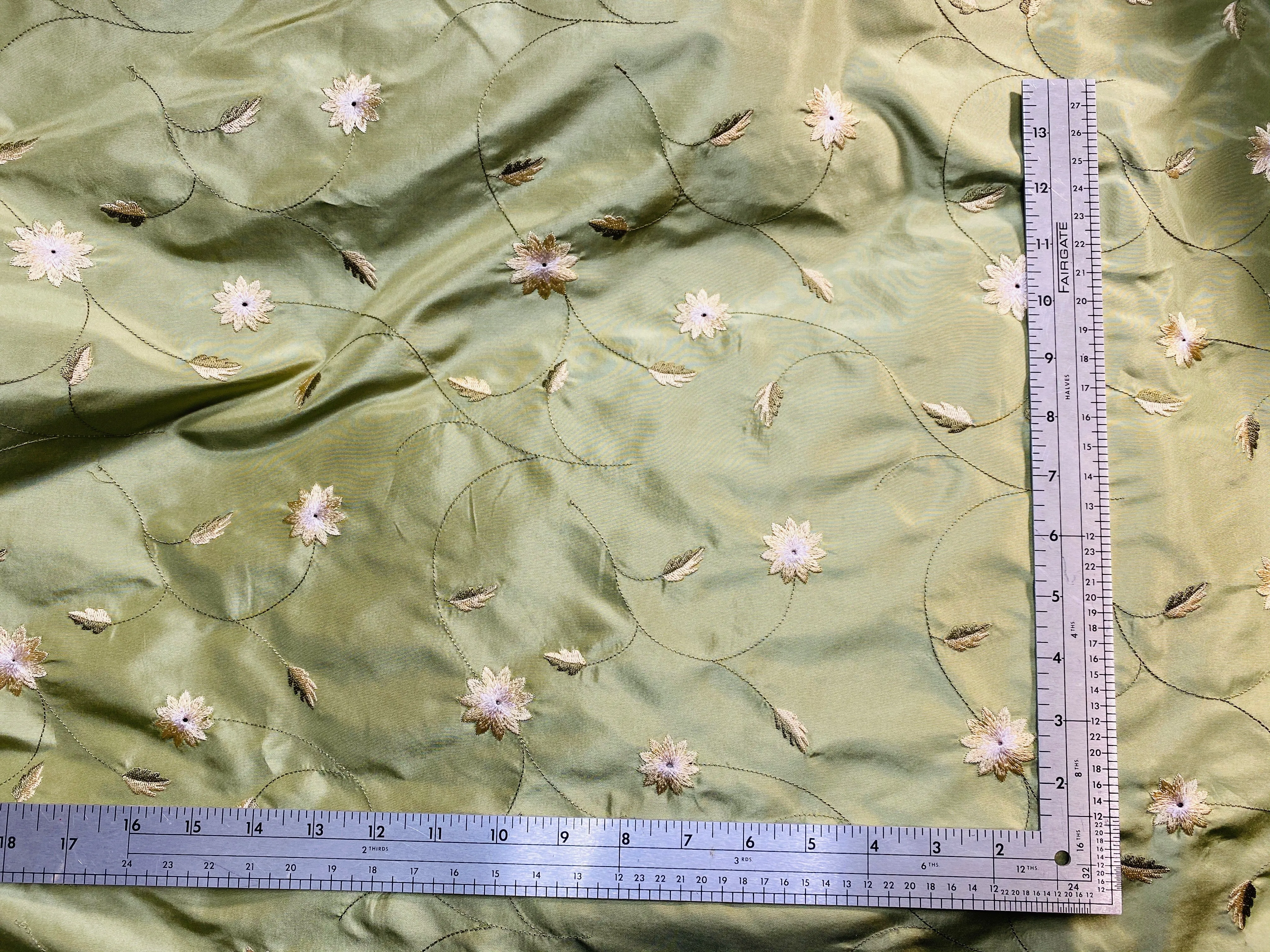 NEW Lady Eva 100% Silk Taffeta with Embroidered Floral Motif Fabric in Dusty Pistachio Green