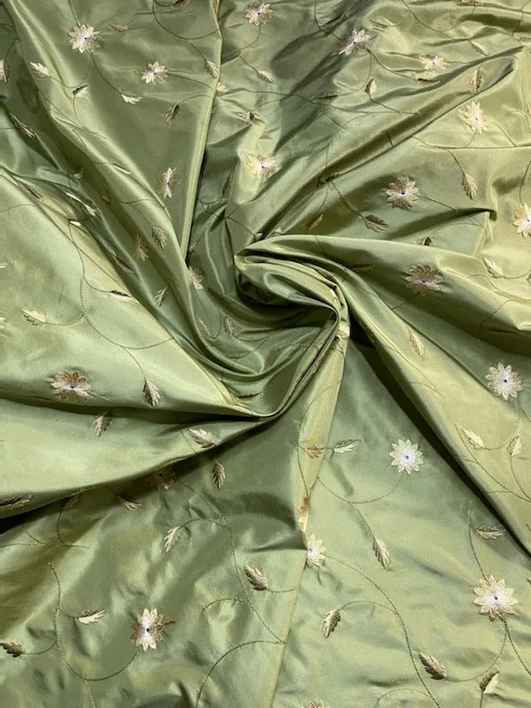 NEW Lady Eva 100% Silk Taffeta with Embroidered Floral Motif Fabric in Dusty Pistachio Green