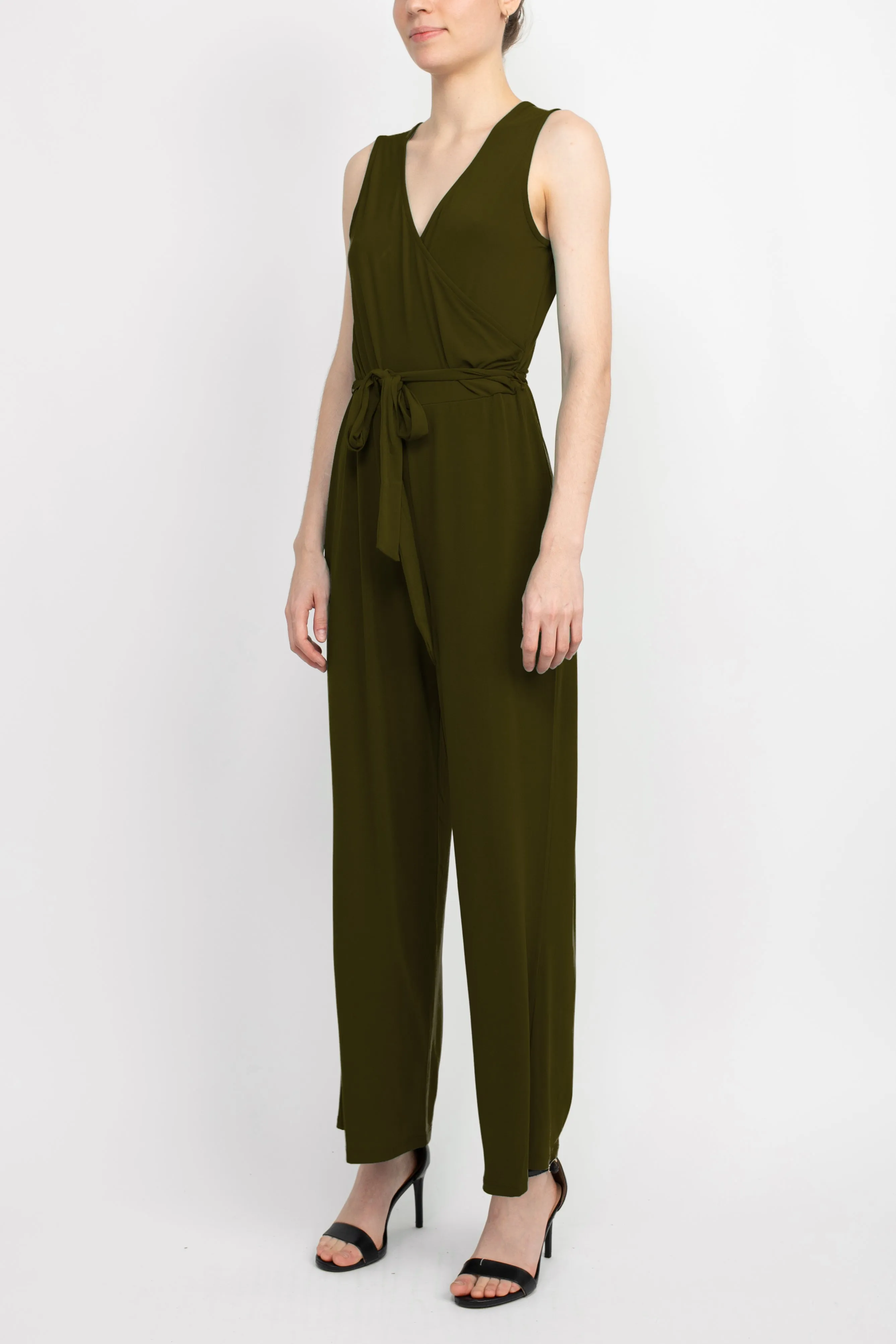 Nina Leonard V- Neck Back Zipper Sleeveless Front Tie Waist Jersey Jumpsuit