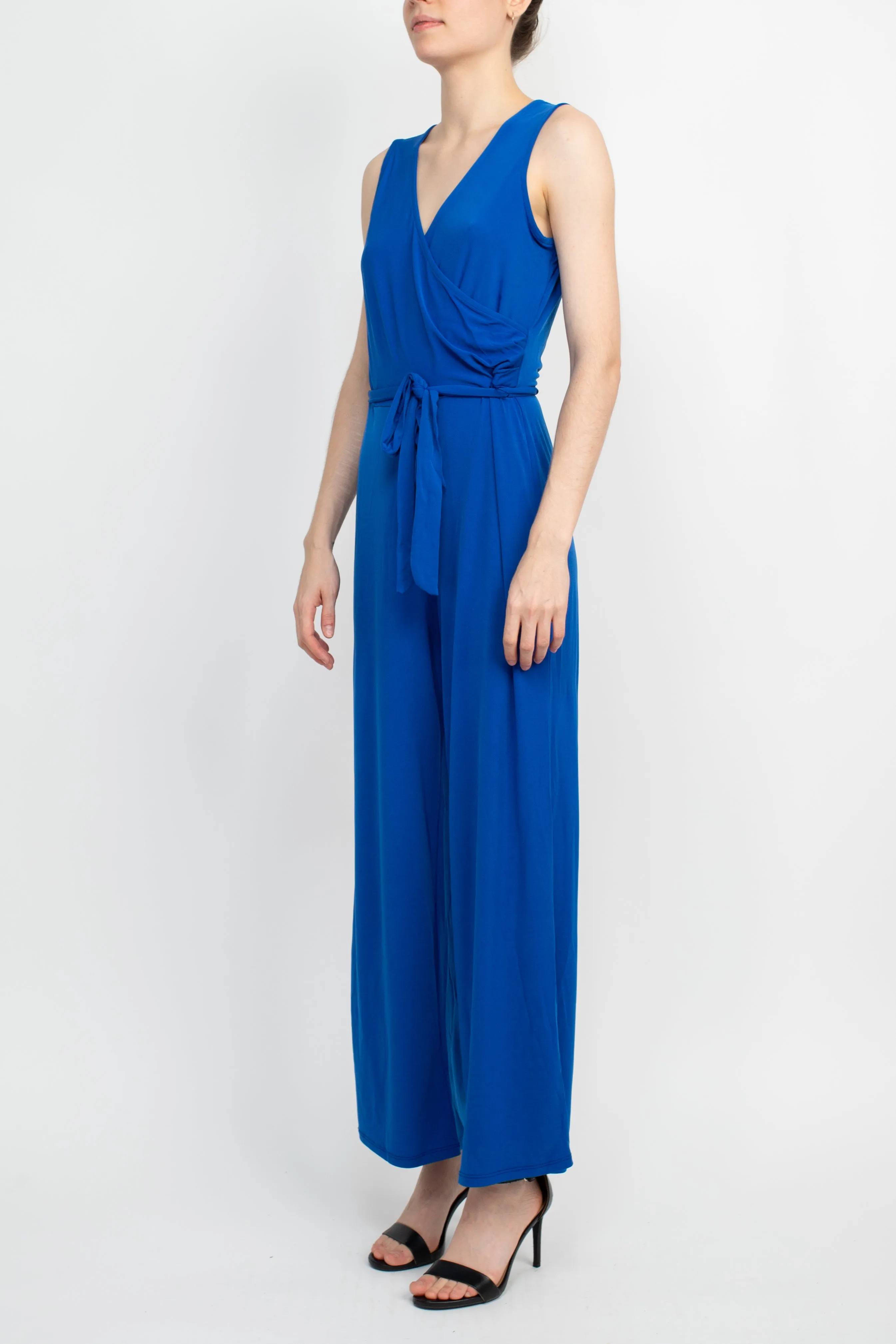 Nina Leonard V- Neck Back Zipper Sleeveless Front Tie Waist Jersey Jumpsuit