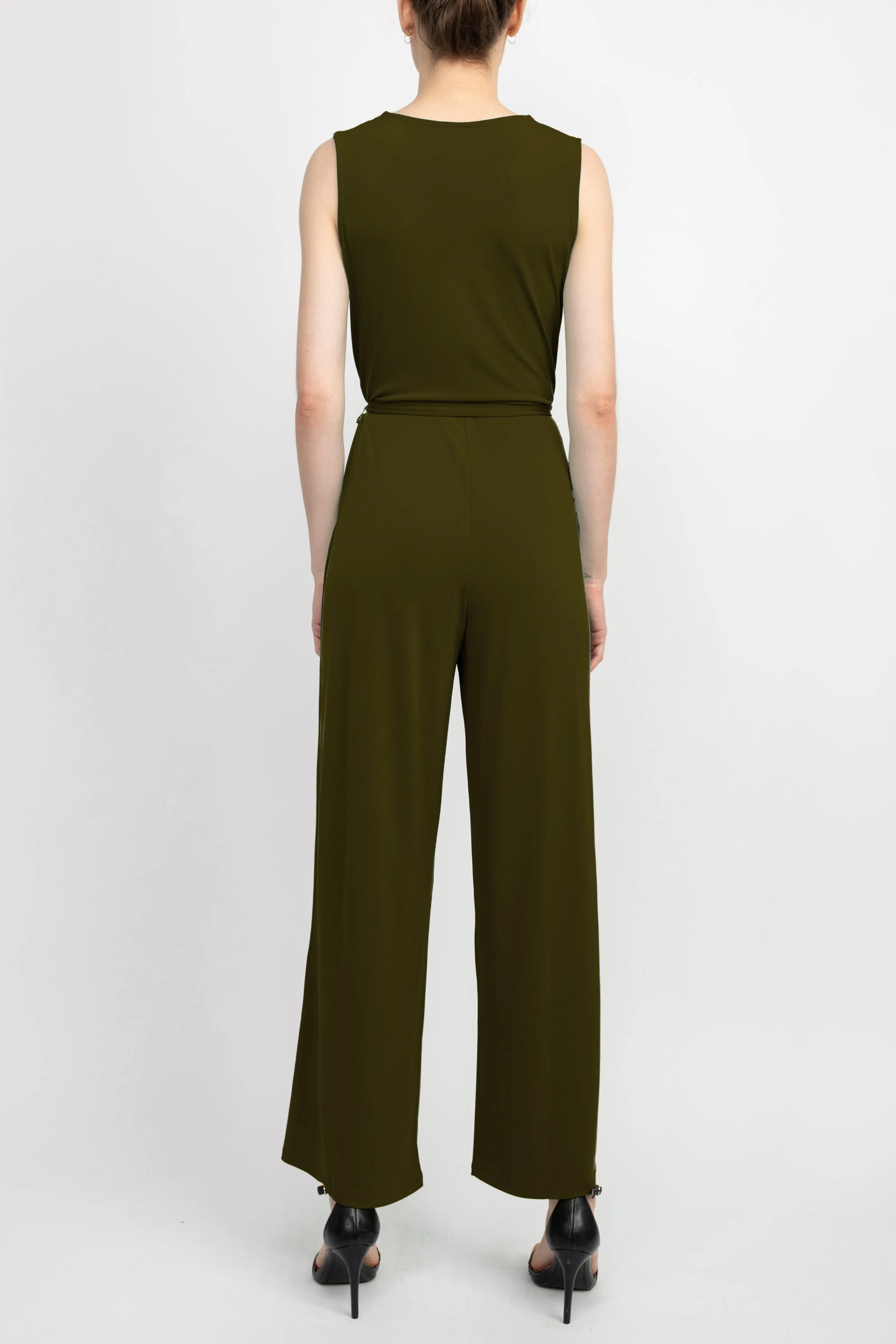 Nina Leonard V- Neck Back Zipper Sleeveless Front Tie Waist Jersey Jumpsuit