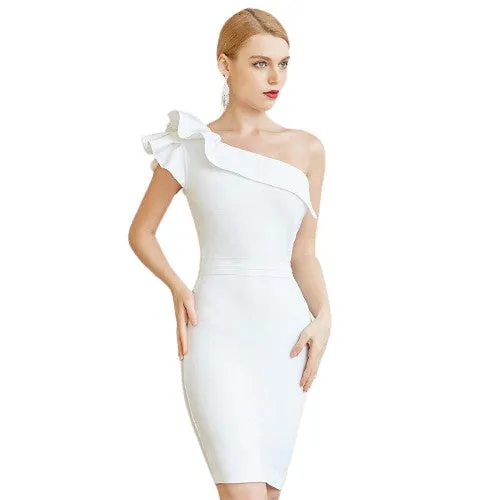 One Shoulder Sleeveless Ruffles Bodycon Bandage Dresses For Women