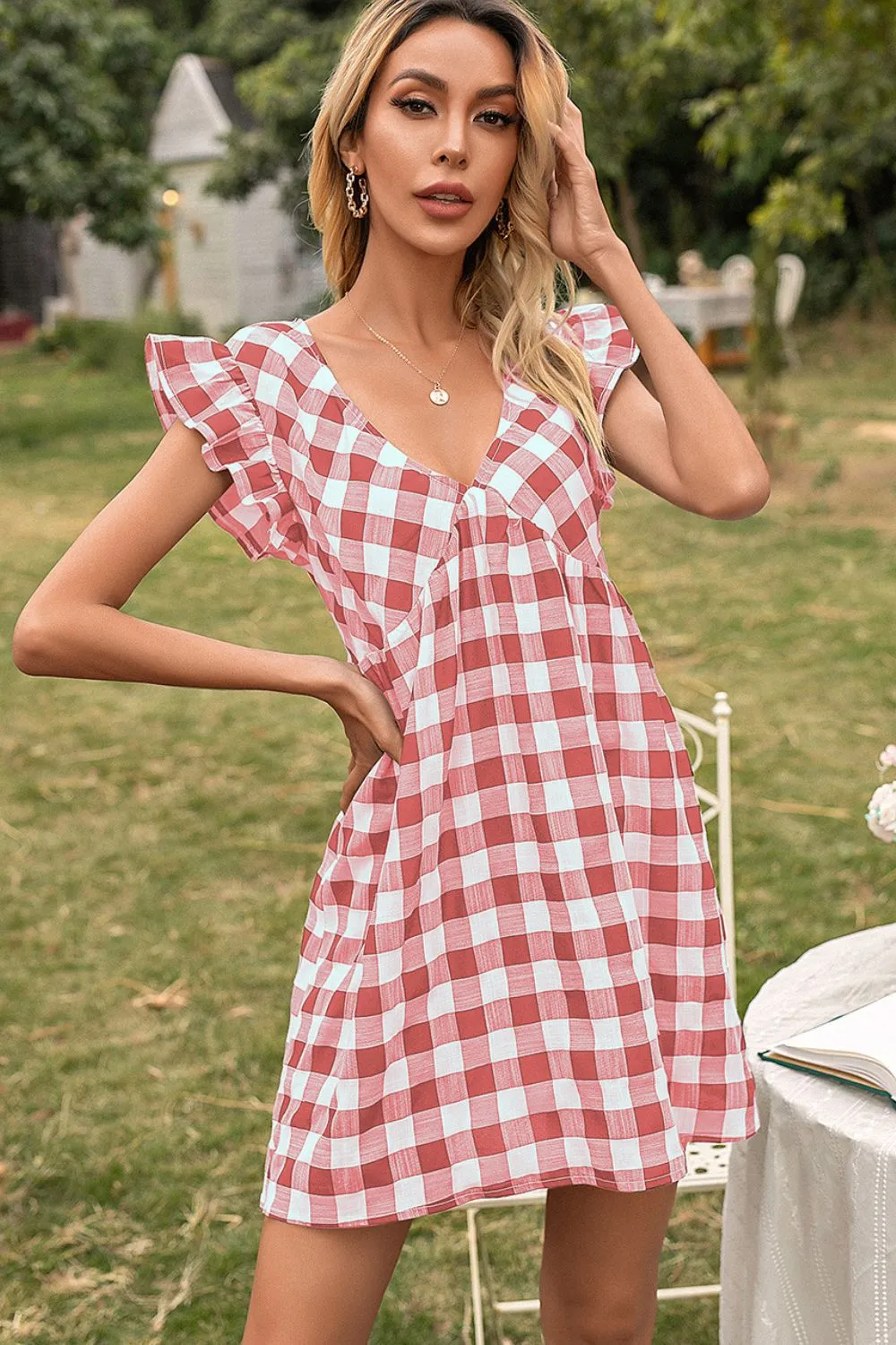 Plaid Butterfly Sleeve Deep V Dress