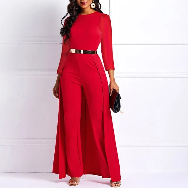 Plus Size High Waist Plain Long Sleeve Jumpsuit Women Elegant Formal Party Swallowtail Slim Autumn Ladies Red Wide Leg Jumpsuits