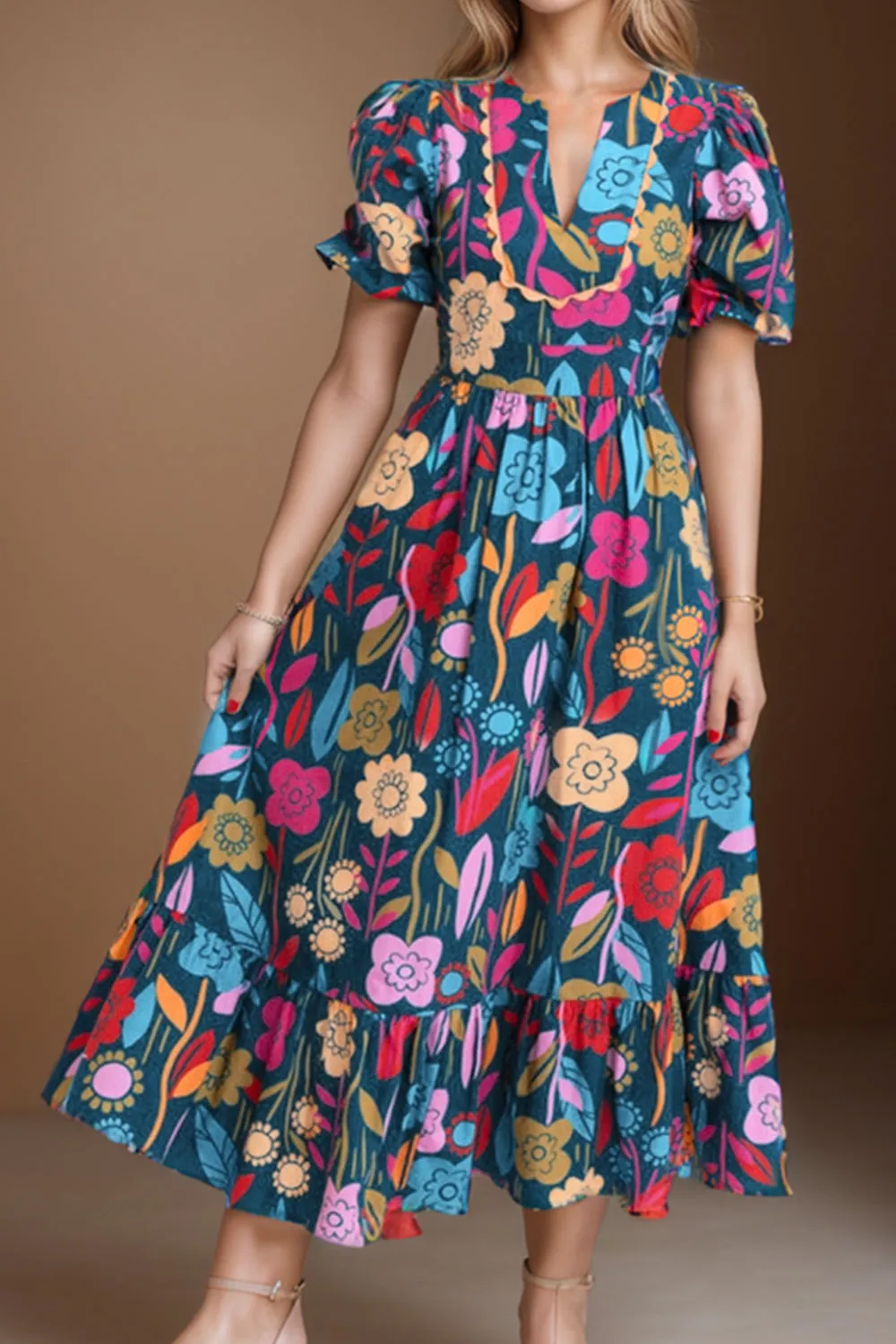 Printed Notched Puff Sleeve Midi Dress