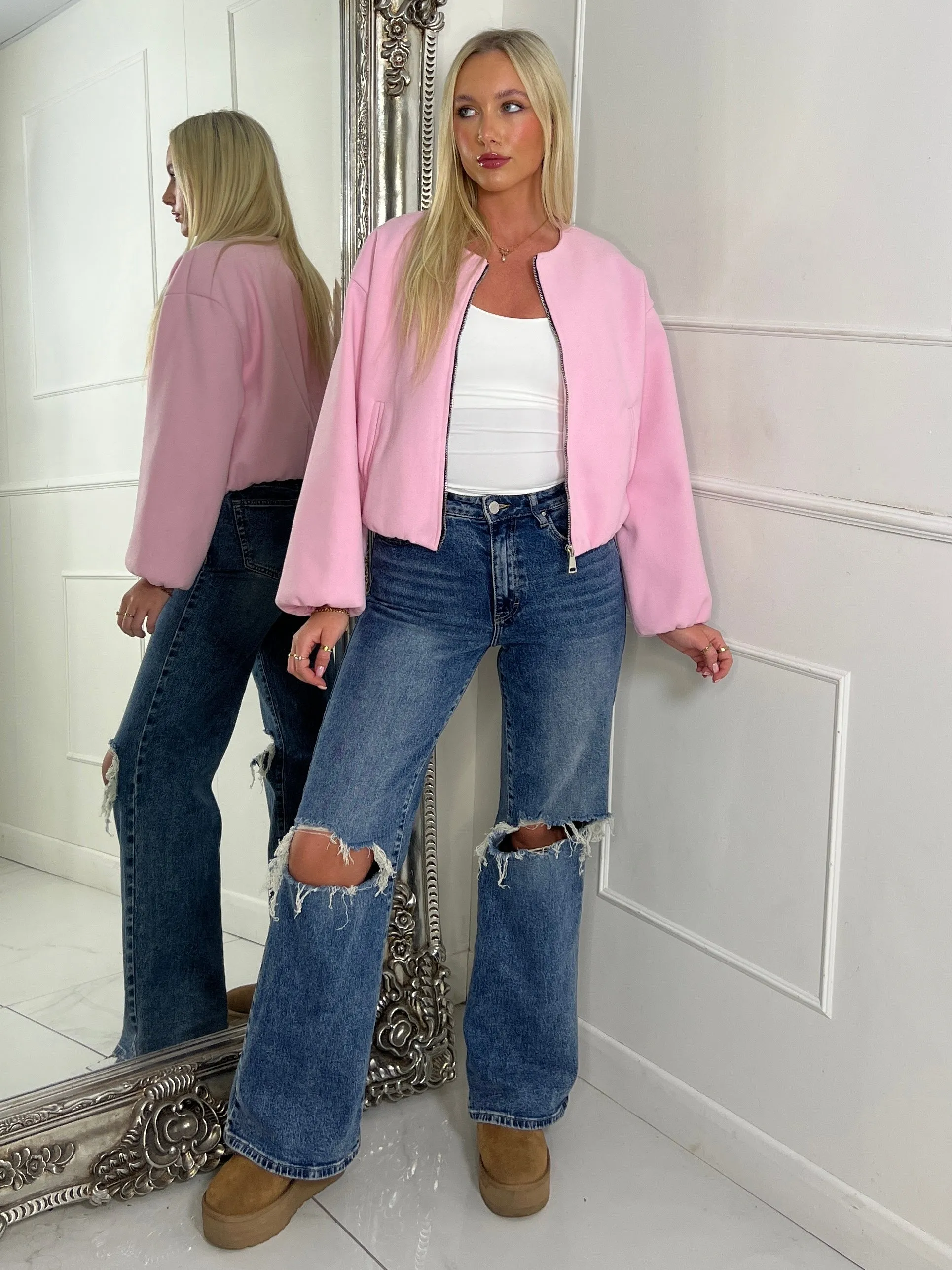 Puff Sleeve Bomber Jacket - Baby Pink