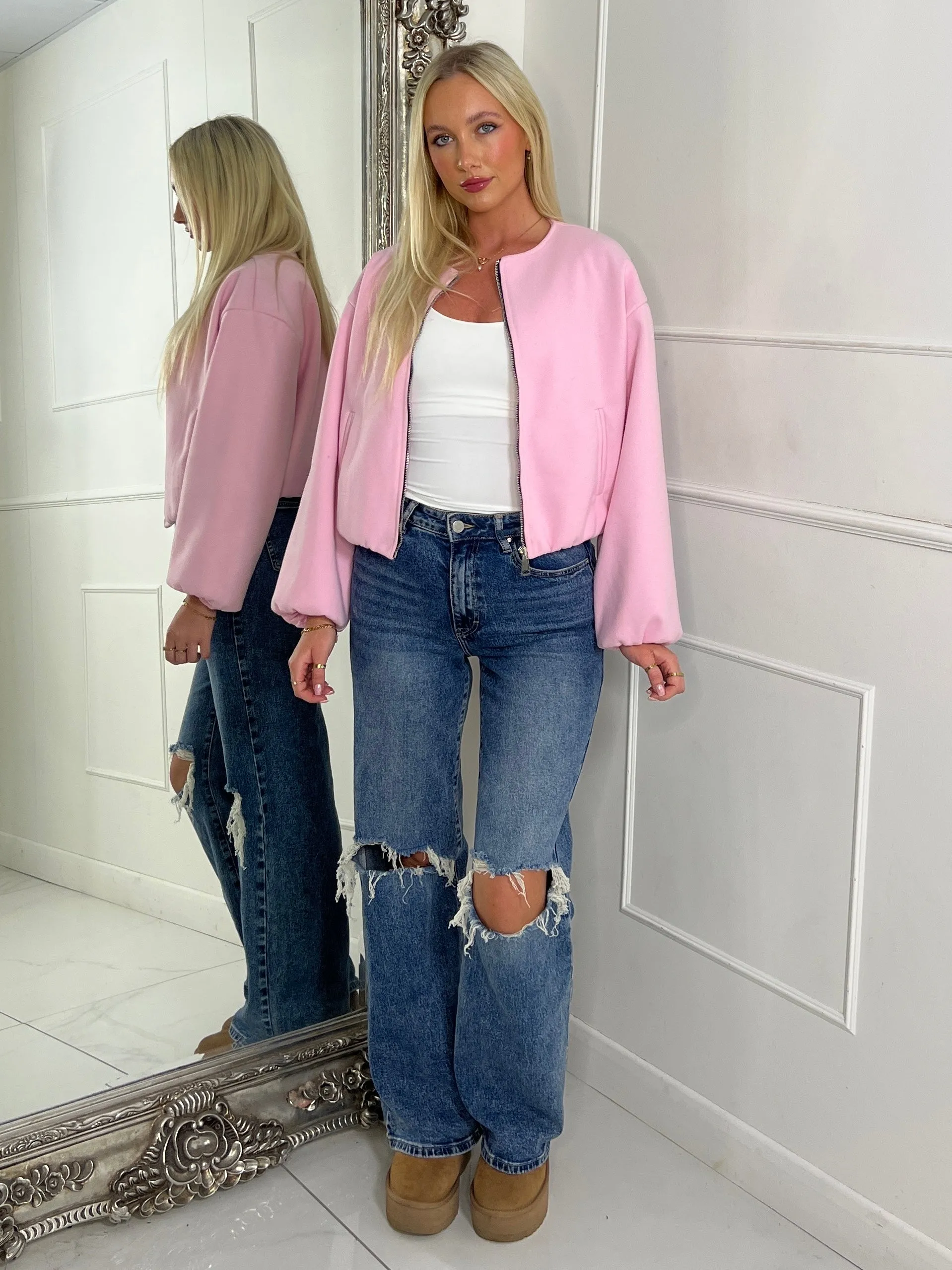 Puff Sleeve Bomber Jacket - Baby Pink