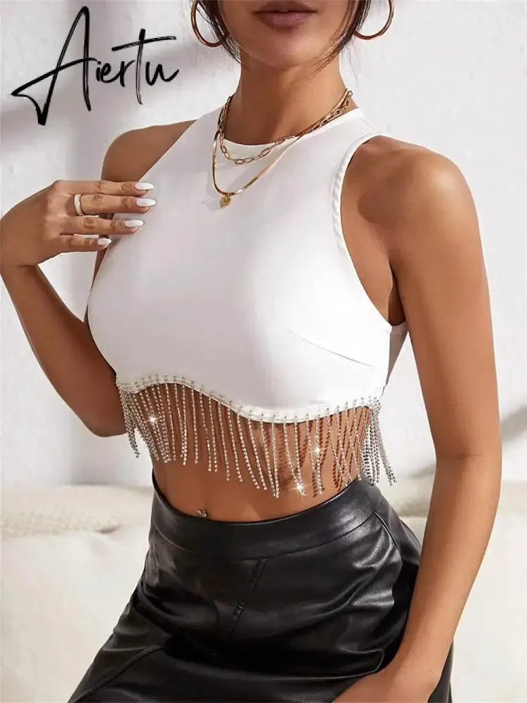 Rhinestone Tasseled Summer Crop Tops Women Chic Sleeveless Crew Neck Tank Tops Club Party Streetwear Sexy Vest Tops