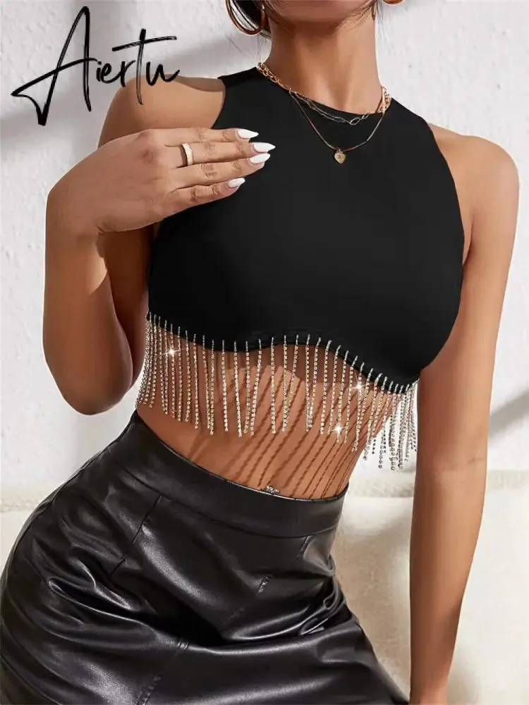 Rhinestone Tasseled Summer Crop Tops Women Chic Sleeveless Crew Neck Tank Tops Club Party Streetwear Sexy Vest Tops