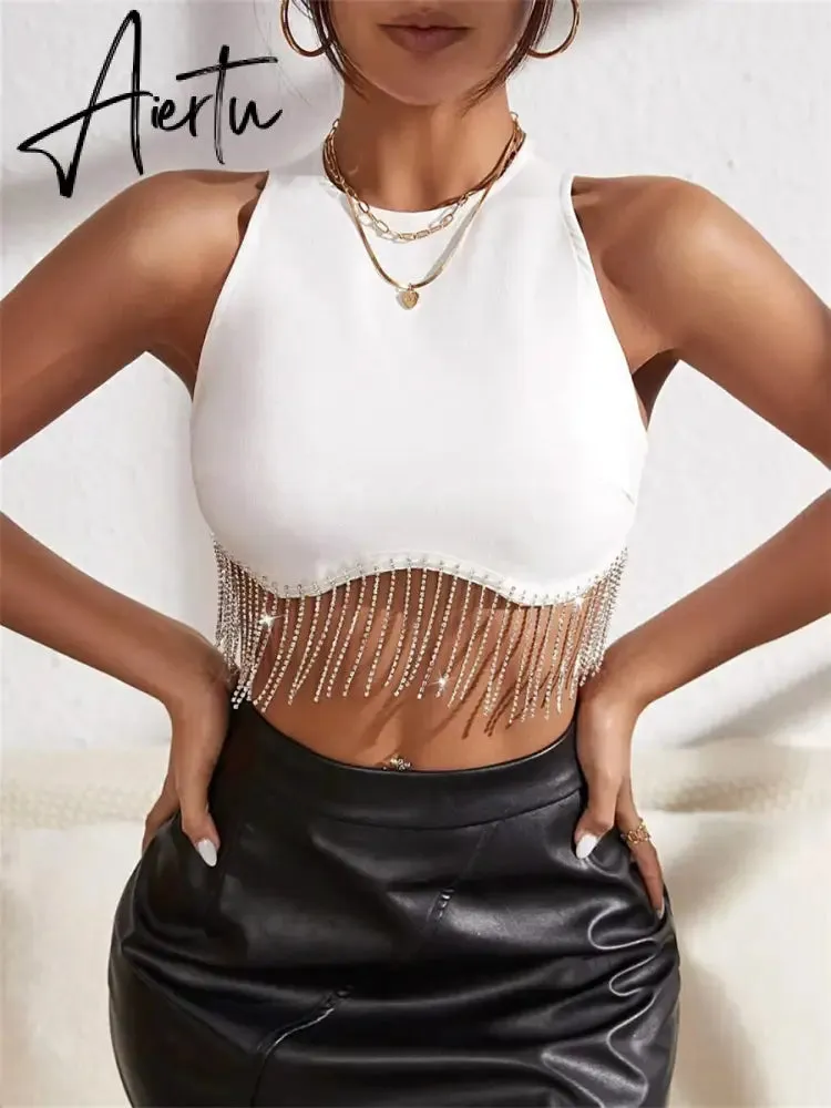 Rhinestone Tasseled Summer Crop Tops Women Chic Sleeveless Crew Neck Tank Tops Club Party Streetwear Sexy Vest Tops