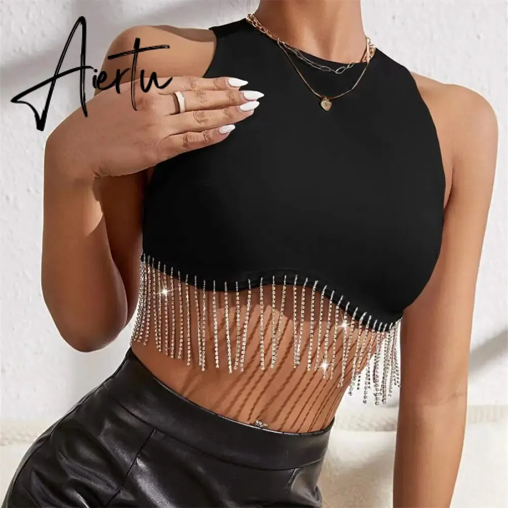 Rhinestone Tasseled Summer Crop Tops Women Chic Sleeveless Crew Neck Tank Tops Club Party Streetwear Sexy Vest Tops