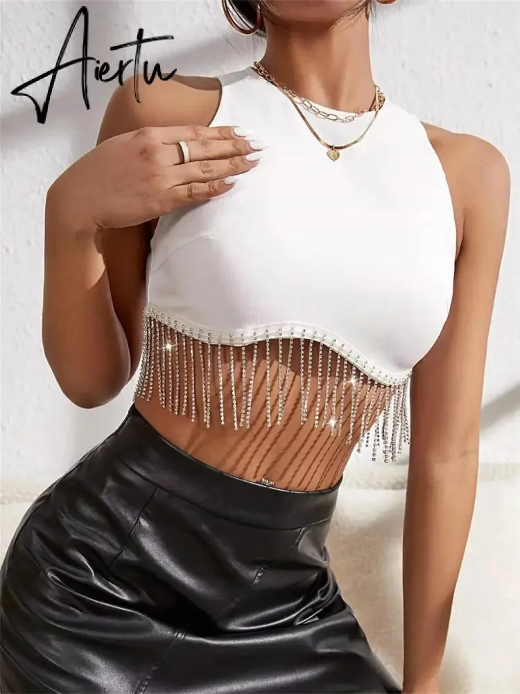 Rhinestone Tasseled Summer Crop Tops Women Chic Sleeveless Crew Neck Tank Tops Club Party Streetwear Sexy Vest Tops