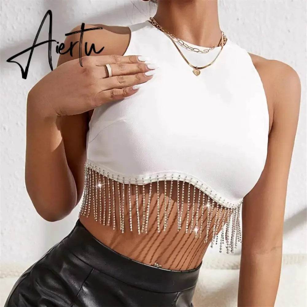 Rhinestone Tasseled Summer Crop Tops Women Chic Sleeveless Crew Neck Tank Tops Club Party Streetwear Sexy Vest Tops