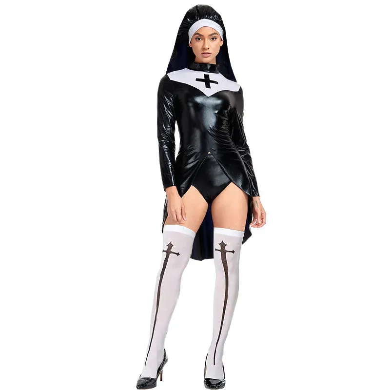 Saintlike Leather Halloween Stylish Outfit Nun PVC Faux Roleplay Attire