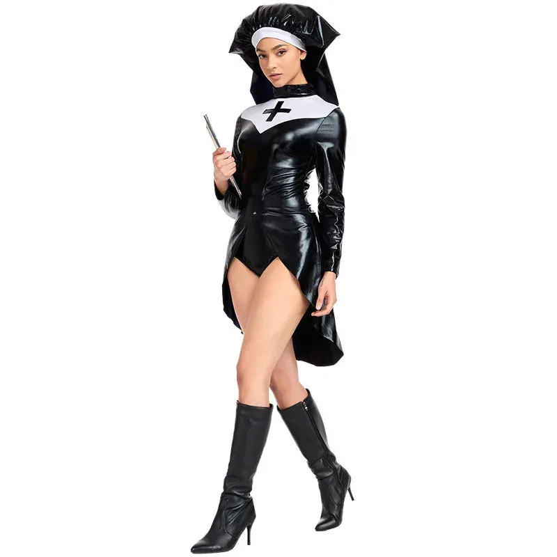 Saintlike Leather Halloween Stylish Outfit Nun PVC Faux Roleplay Attire