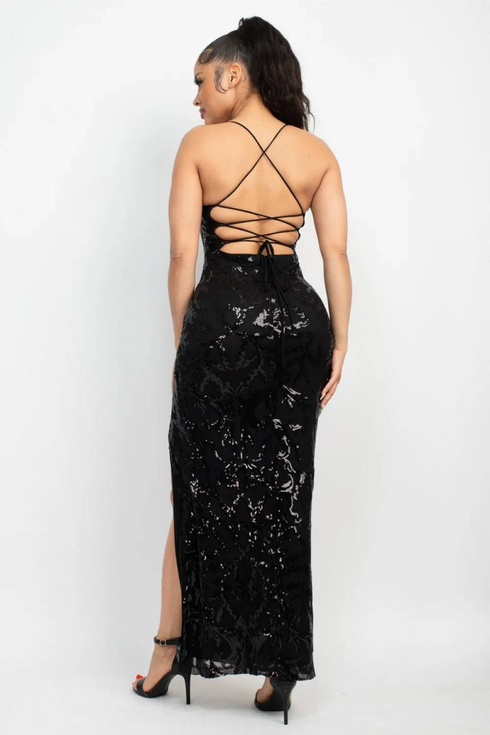 Sequin Back-Crisscross Tie Slit Dress