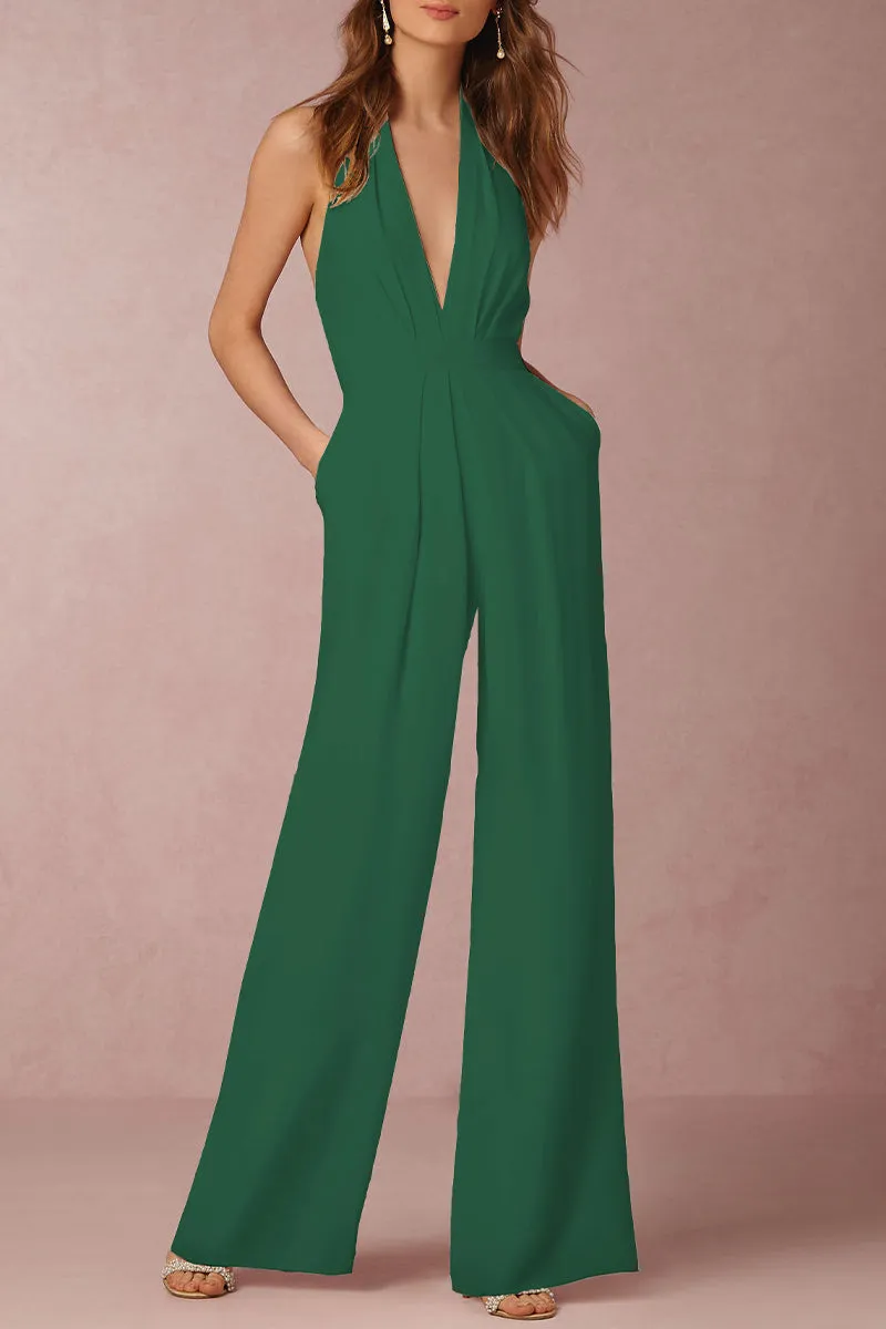 Sexy Elegant Solid Backless Fold V Neck Regular Jumpsuits