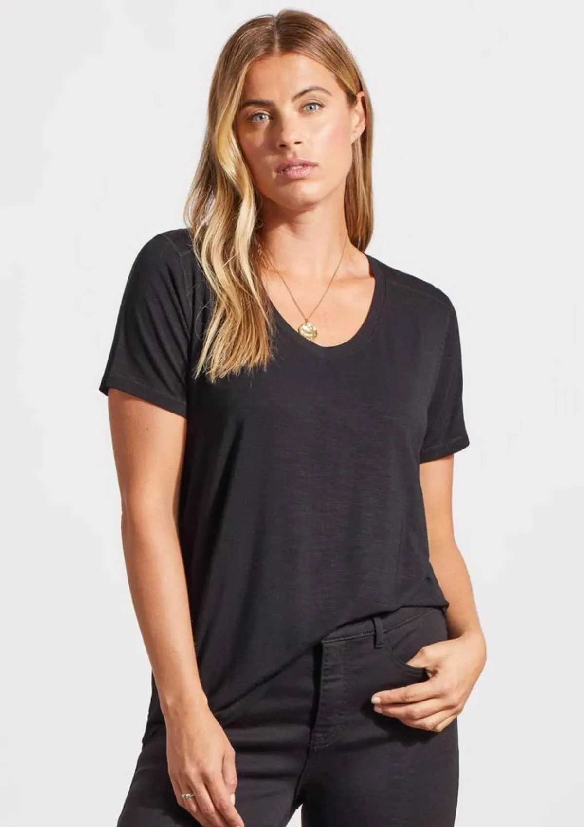 Short Sleeve V-Neck Top with Special Stitching - Black