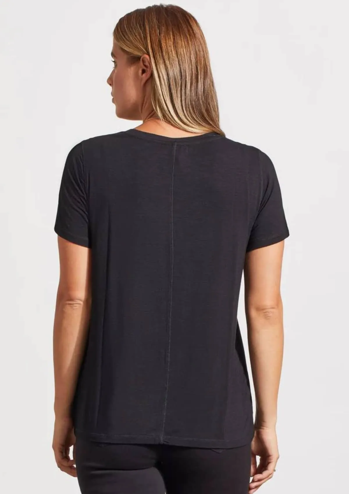 Short Sleeve V-Neck Top with Special Stitching - Black