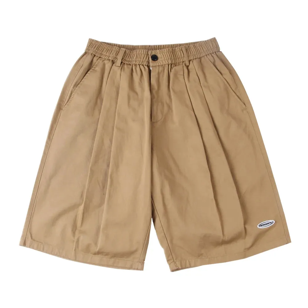 Solid Color Pleated Shorts with Elastic Waist - Casual Half Pants