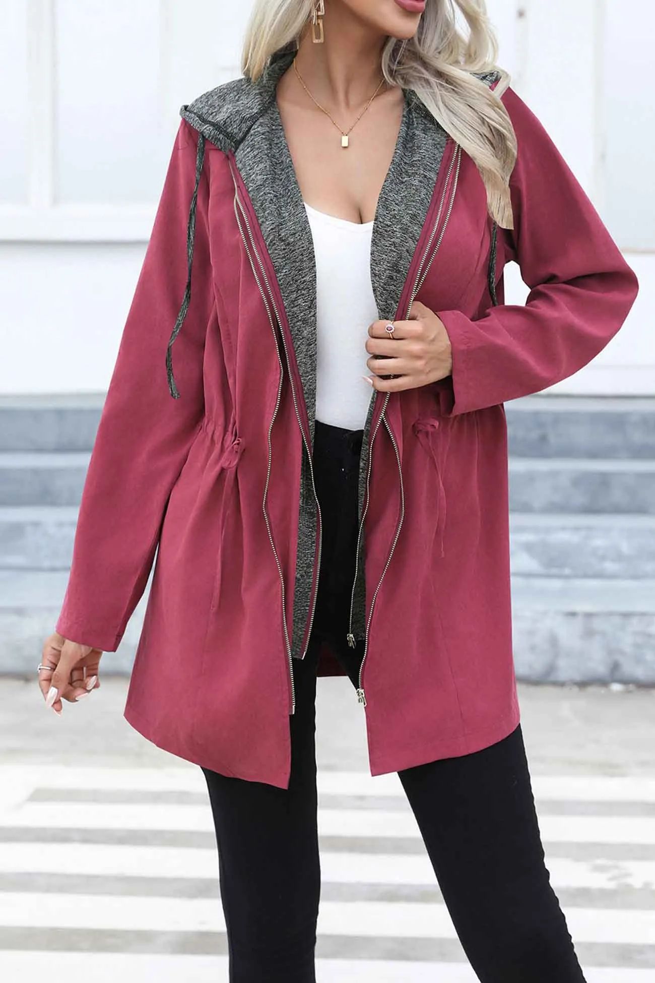 Strappy Patchwork Hooded Zip Up Trench Coat