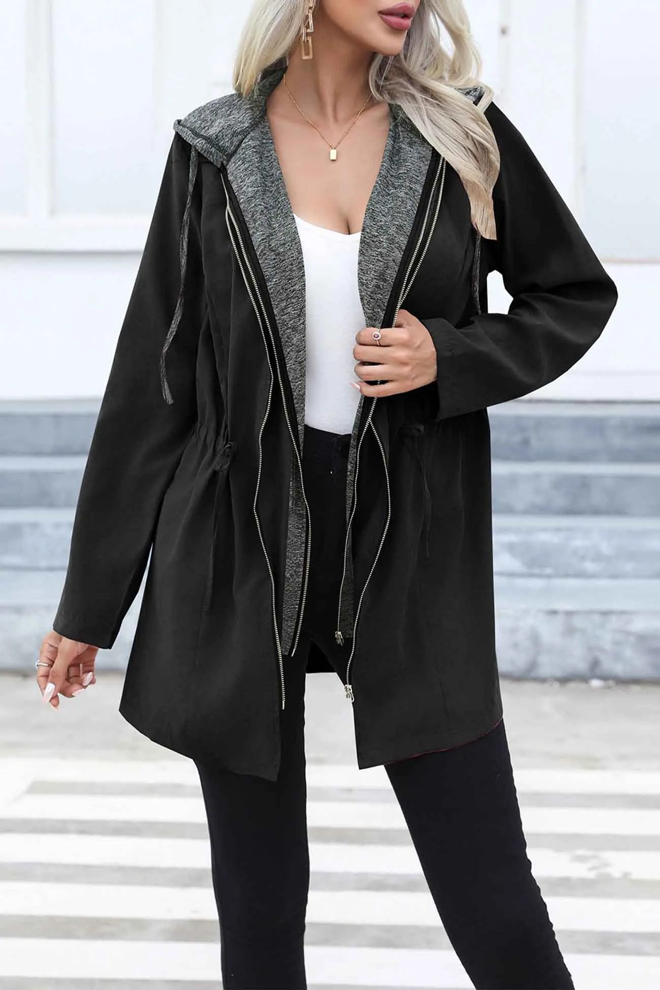 Strappy Patchwork Hooded Zip Up Trench Coat