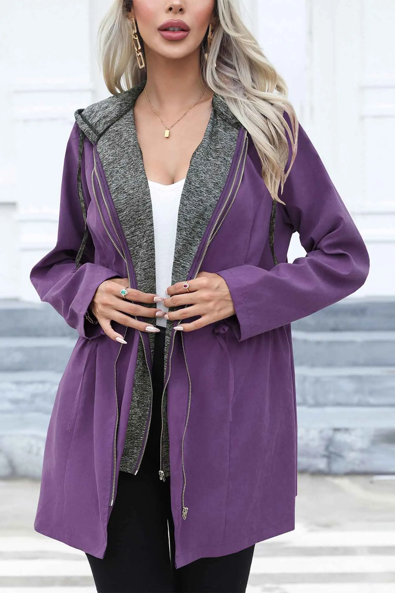 Strappy Patchwork Hooded Zip Up Trench Coat