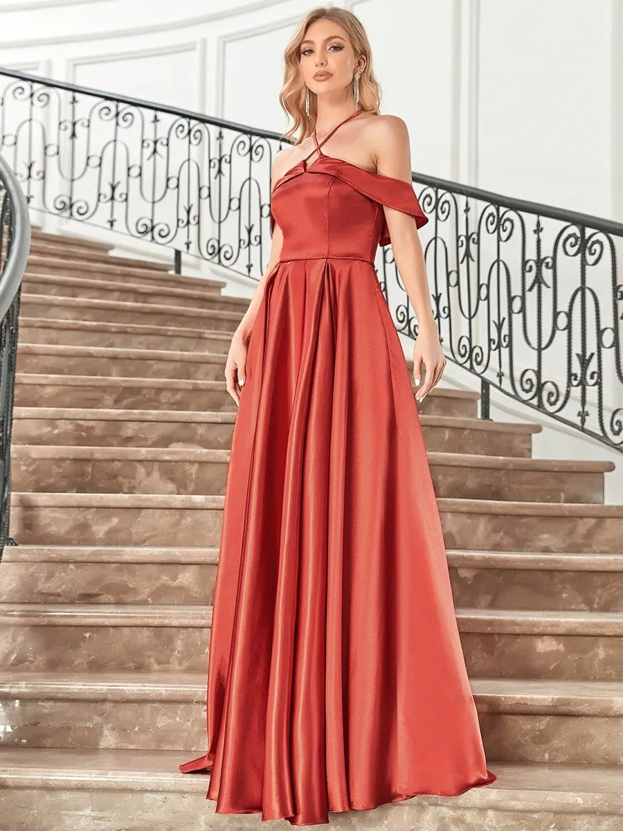 Stylish Floor-Length Off Shoulder Halter Evening Dress