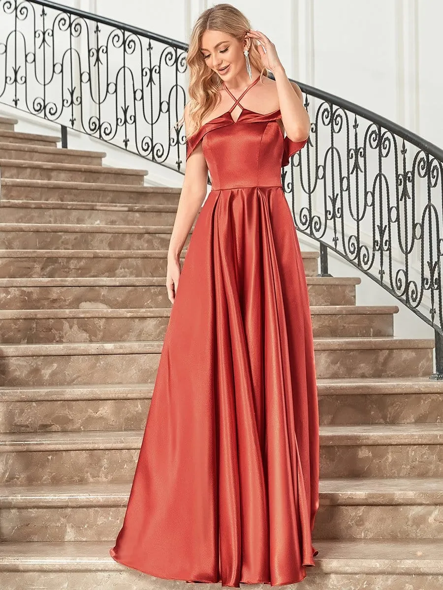 Stylish Floor-Length Off Shoulder Halter Evening Dress