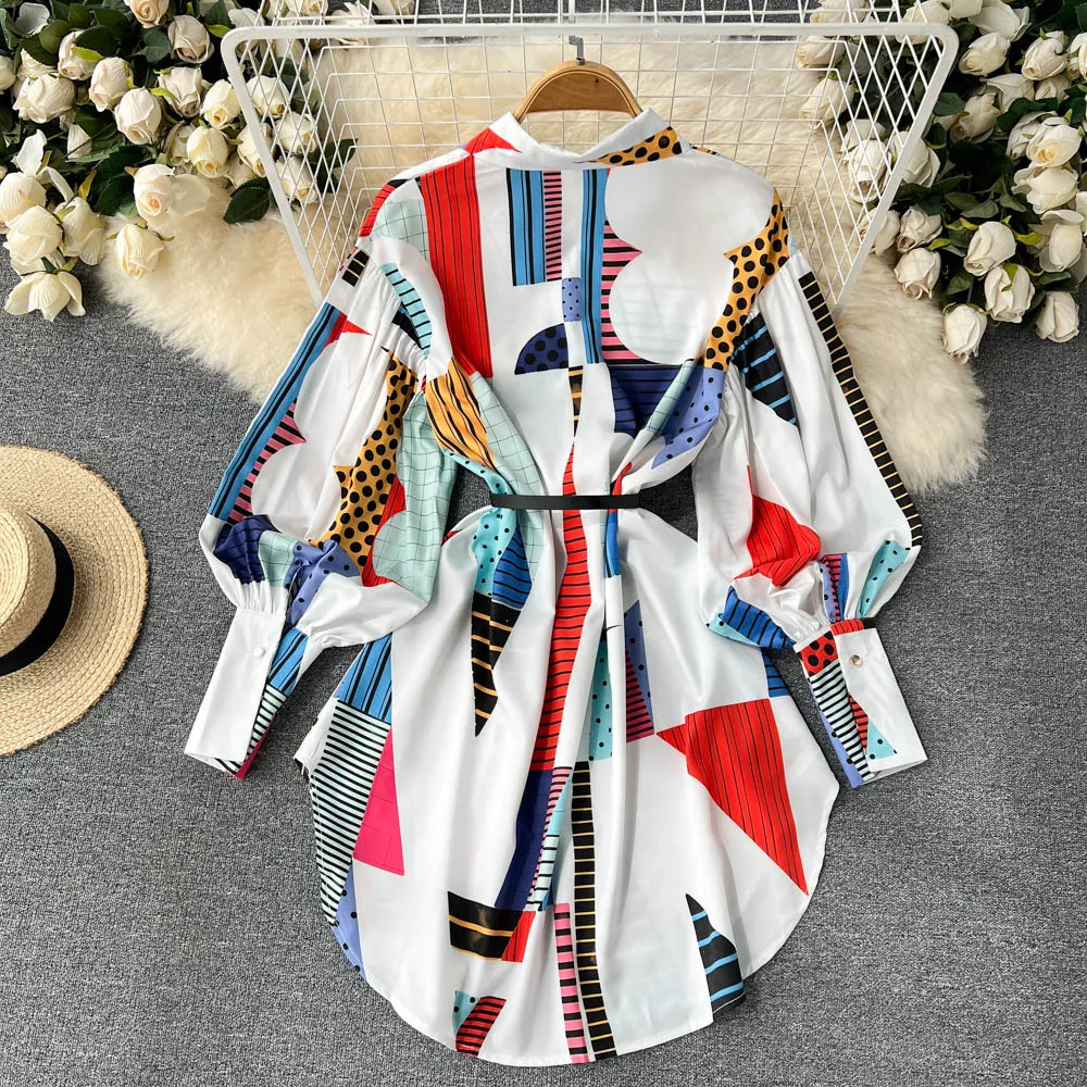 Stylish Printed Long Sleeve Shirt Dress    S139