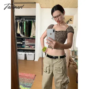 TAVIMART  -  Leopard Pattern Sexy Square Neck Short Sleeve T-shirt Women Tops 2024 Summer Spicy Girl Slim Fit  Chic Short Top Women Clothing