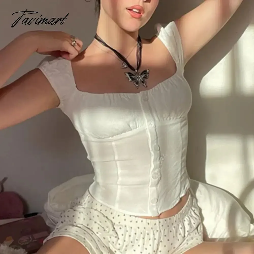 TAVIMART  Y2K Vintage White Milkmaid Tank Tops Chic Square Collar Button Up Slim Fit Mini Vest Aesthetic 00s Retro Fairy Crop Tops Summer